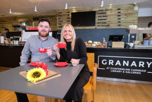 Kieran Conner and Tracy Mc Cafferty raise a cup of coffee pic Jim Payne